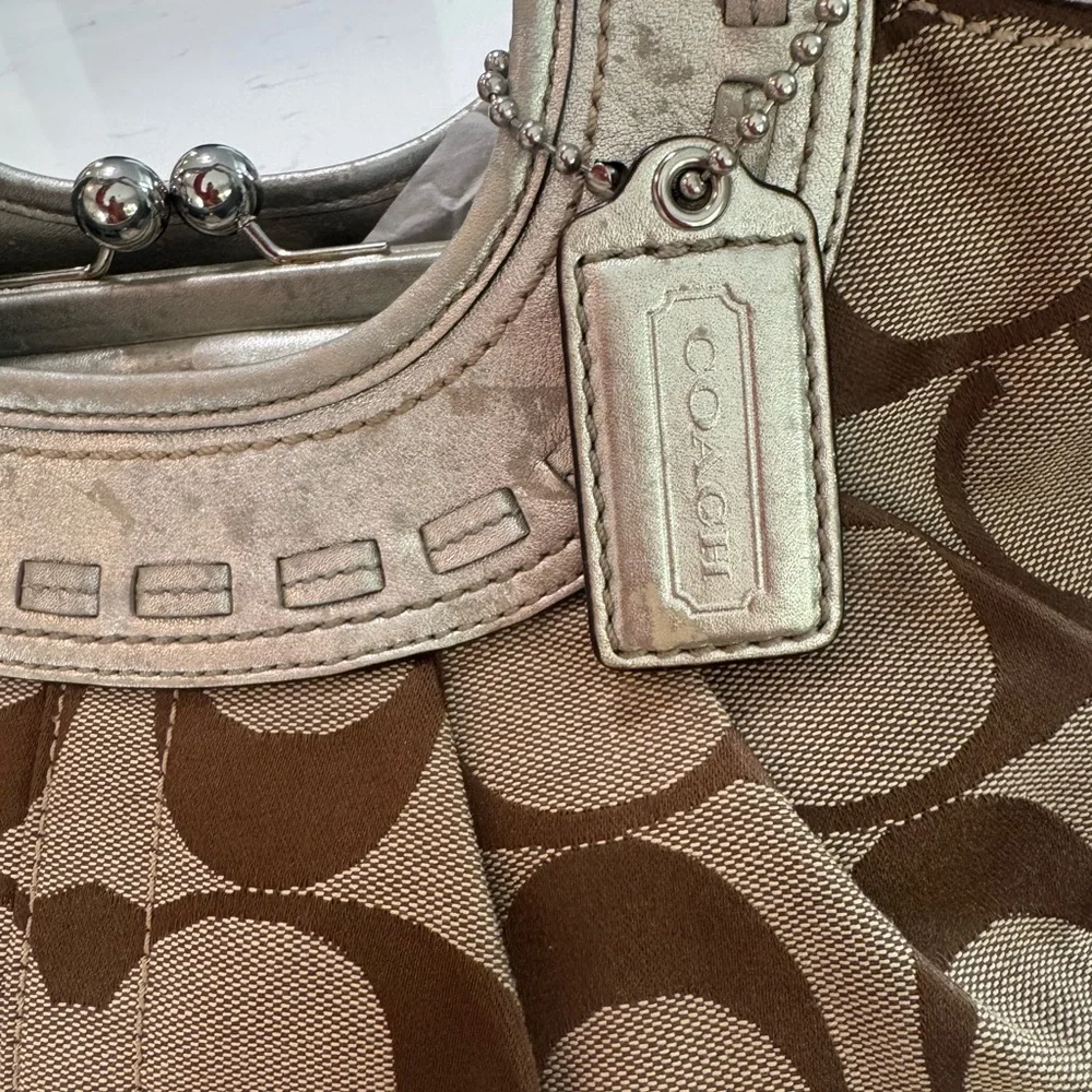 Coach Ergo Op Art Signature Brown Metallic Silver Leather Trim Bag